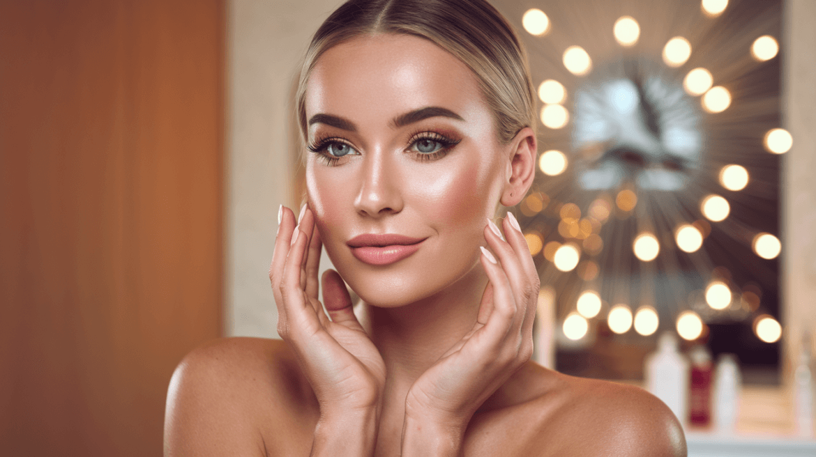 woman with glam makeup and skin touching her face