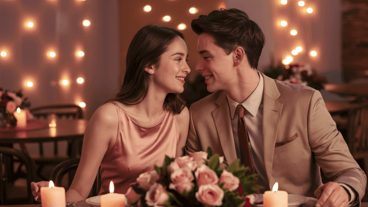 couple celebrating Valentine's Day in a restaurant