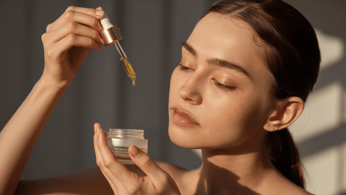 A woman applying facial oil with a dropper.