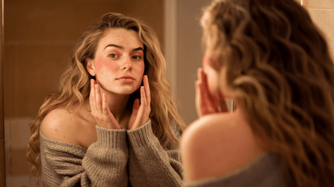 A woman with flushed cheeks examining her skin in the mirror.