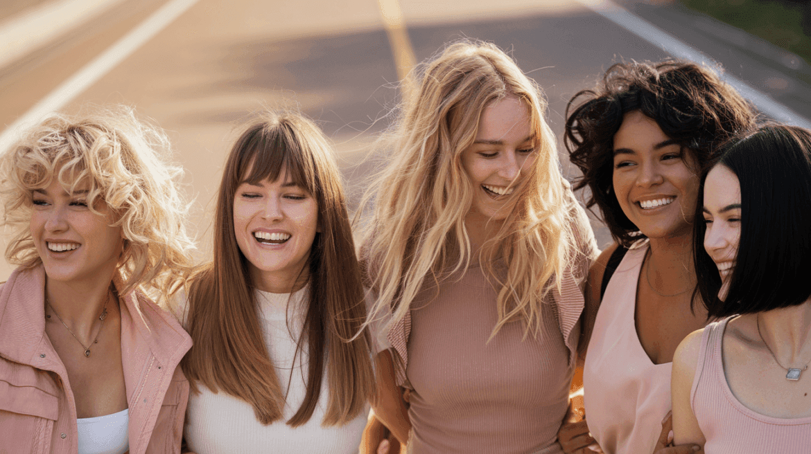 five-women-friends-walking-down-the-road with 5 different hairstyles