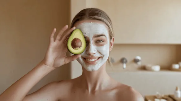 A woman with a face mask holding half an avocado.