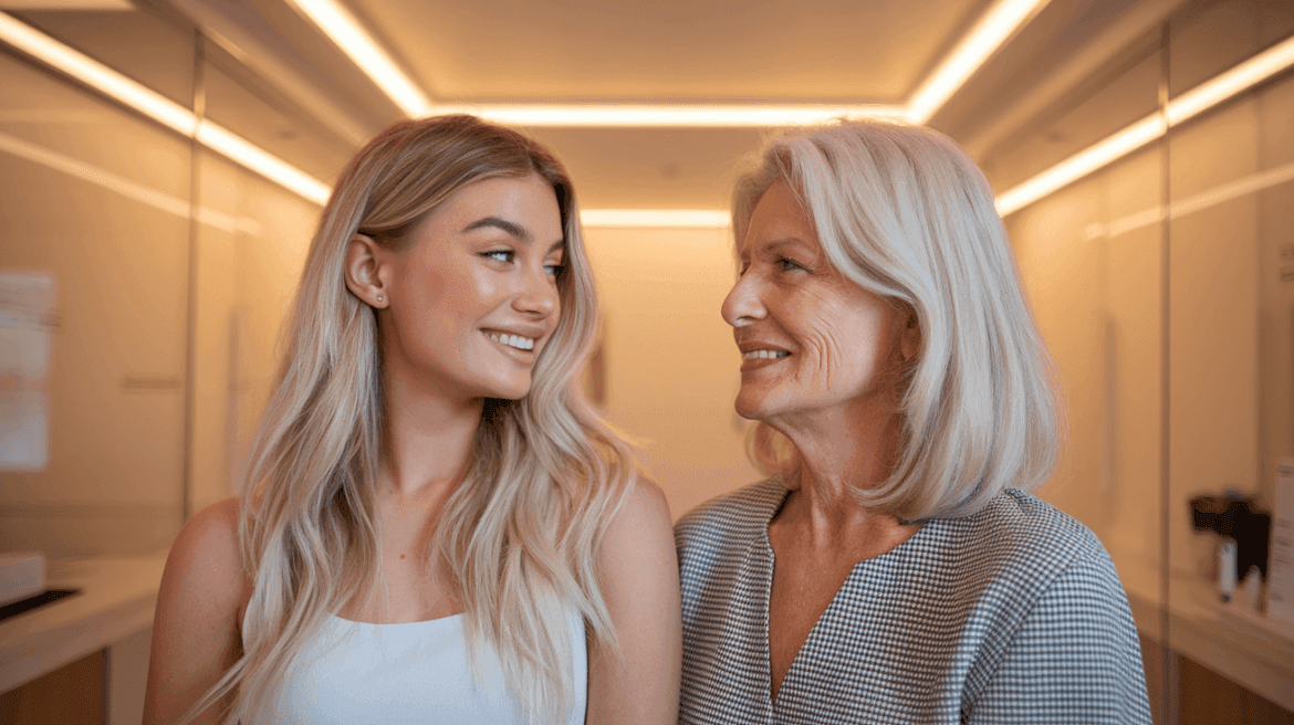 young woman with blonde hair and an older woman with gray hair smiling at each other in a brightly lit room.