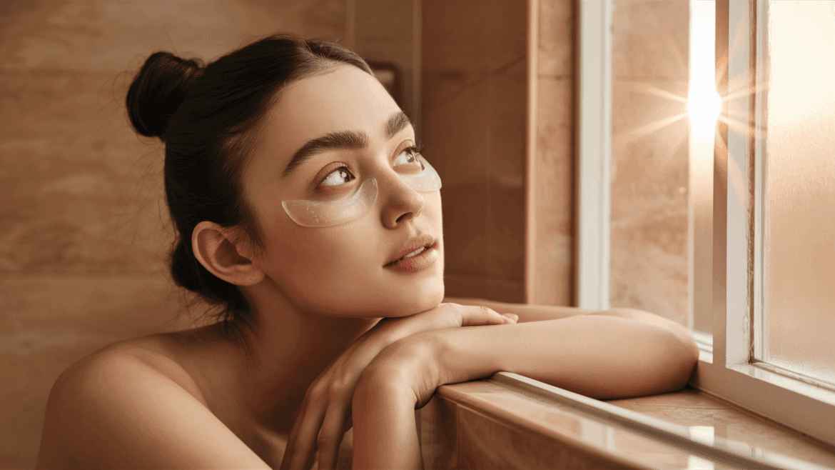 young woman wearing transparent eye patches admiring the sun as it filters through her bathroom window