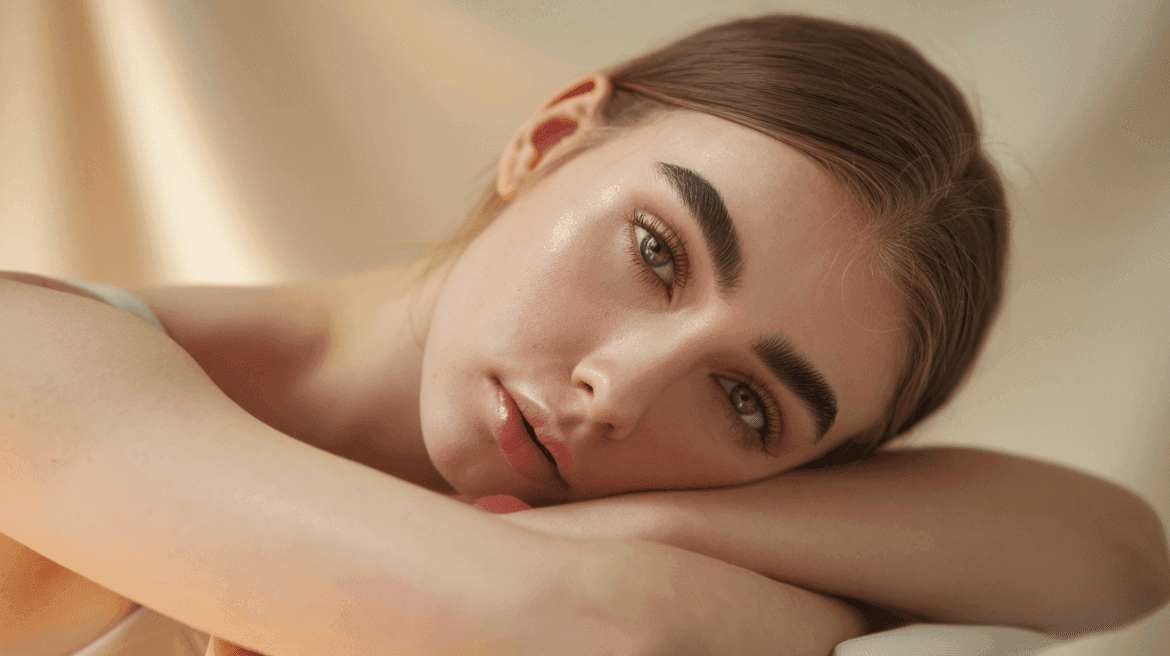 young woman with smooth skin laying on her hands