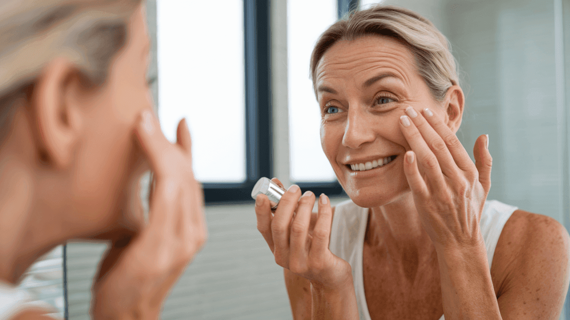 a woman in her 40's touching her eyes