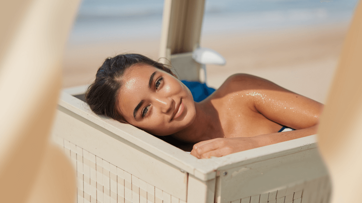 woman with shiny face and body