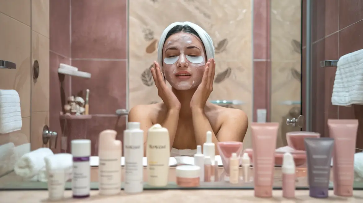 woman in a bathroom, wearing a towel on her head, applying skincare products. She have undereye patches.In front of them, on the counter, is an array of skincare and beauty products, including bottles and tubes, all neatly arranged.