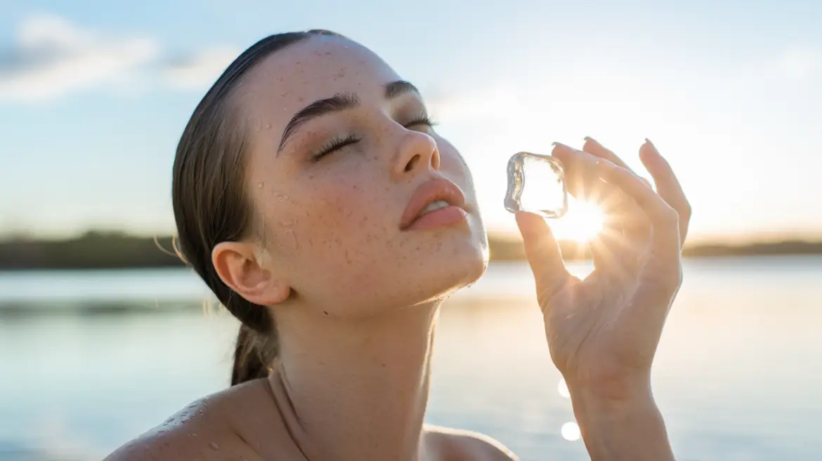 woman is holding an ice cube near their face, with the sun shining through the ice.