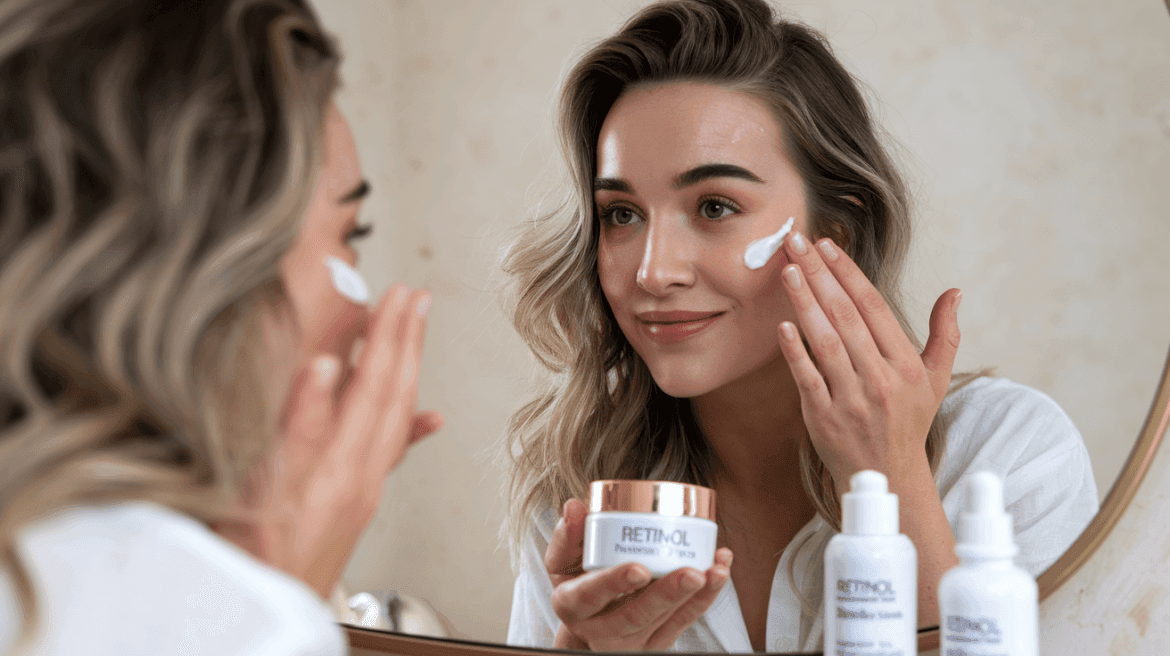 woman applying retinol cream on her face