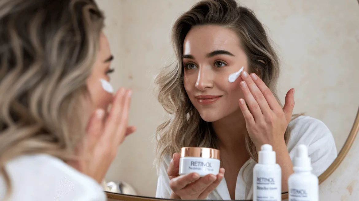 woman applying retinol cream on her face