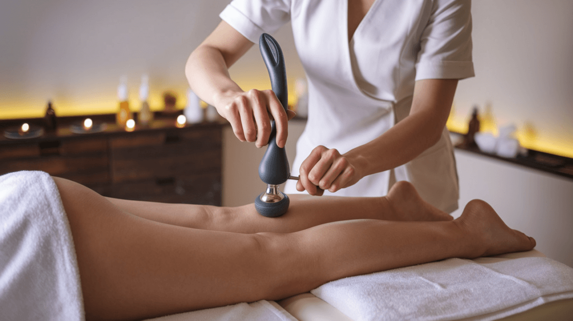 professional massage therapist performing massage on woman's legs