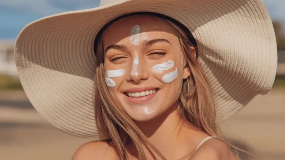 young woman wearing a bi hat and sunscreen on her face
