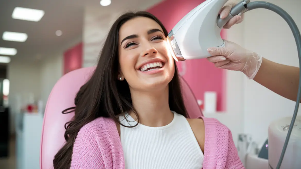 a young woman smiling happily while undergoing a cosmetic treatment.