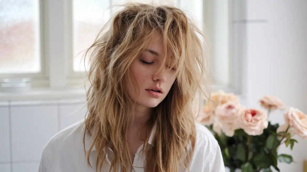 blonde woman with messy hair looking down