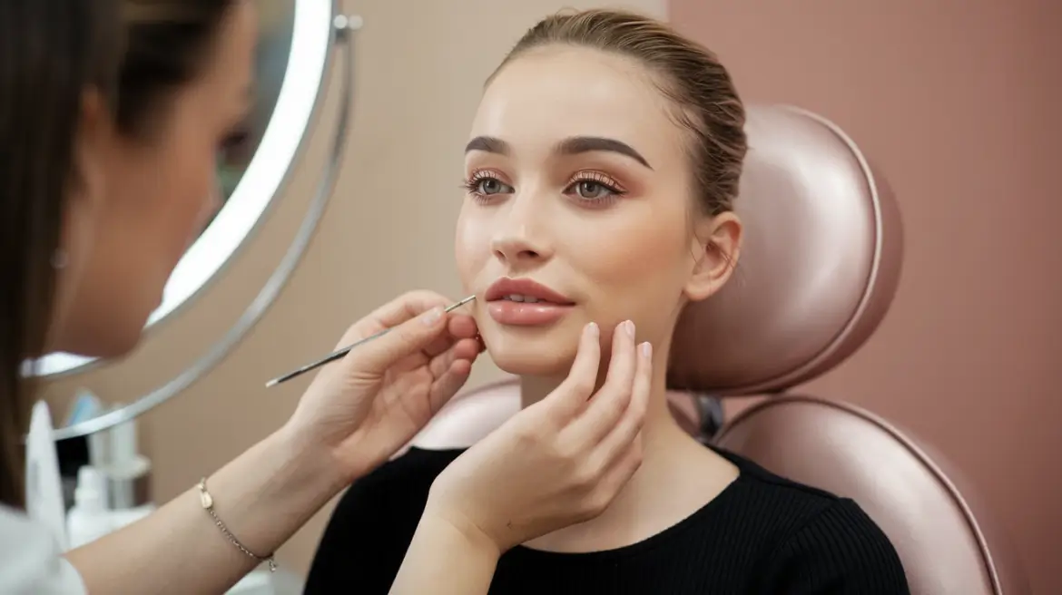 A woman receives a cosmetic treatment on her lips at a clinic.