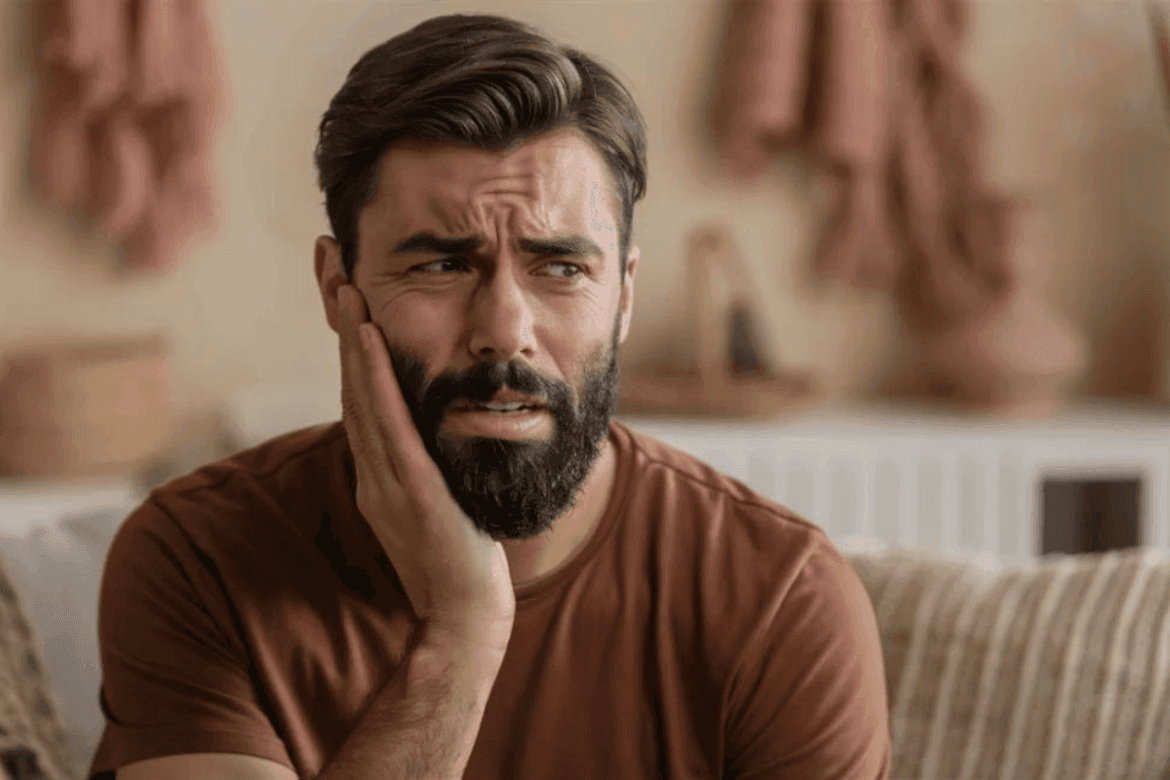 a man in pain touching his face