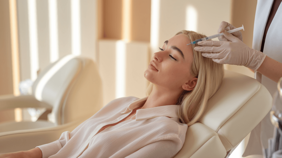 a young blonde woman reclining comfortably in a cosmetic salon. A skilled professional is administering a injection on her face.