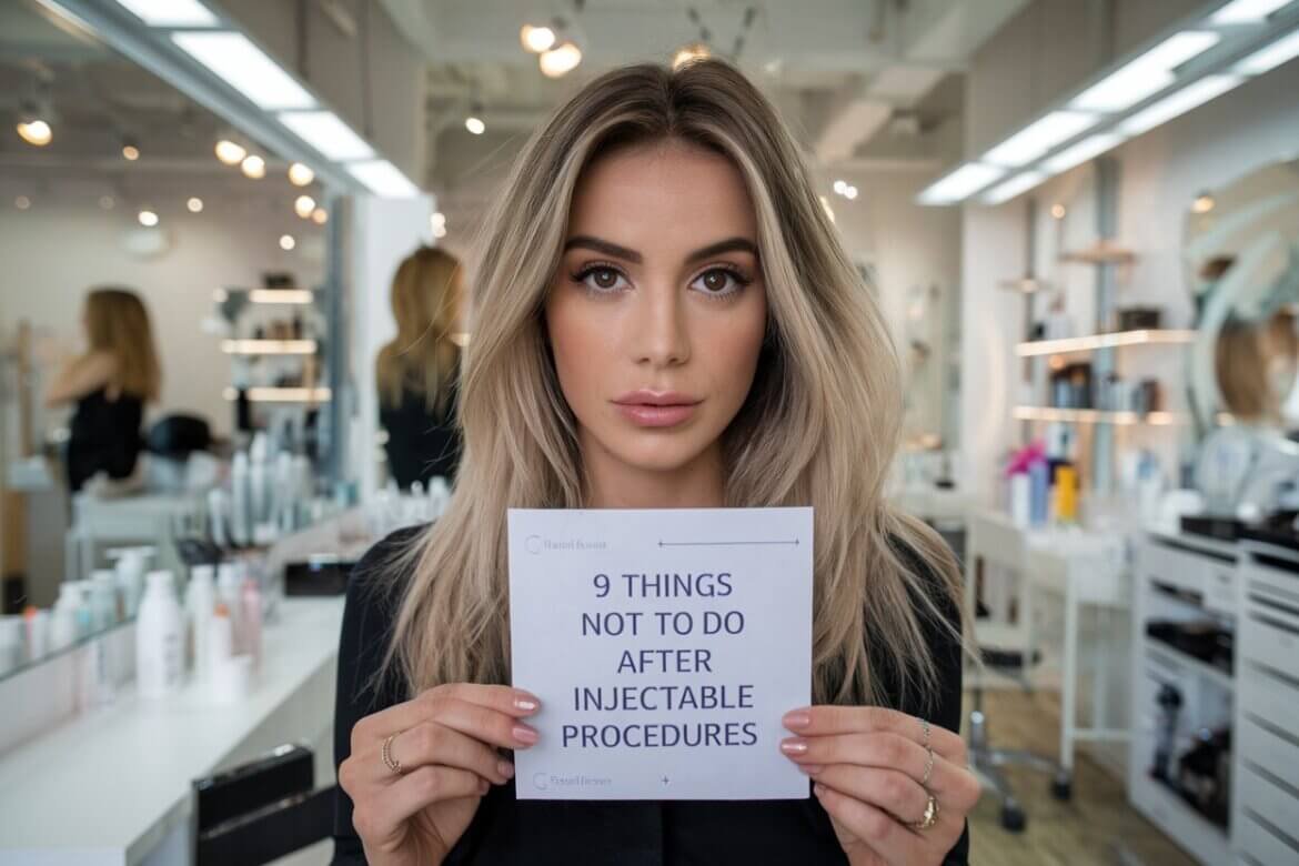 a young woman holding a label with text