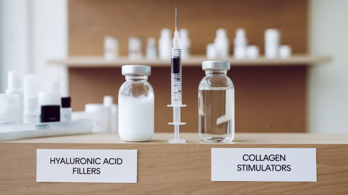 A syringe is placed between vials labeled "Hyaluronic Acid Fillers"