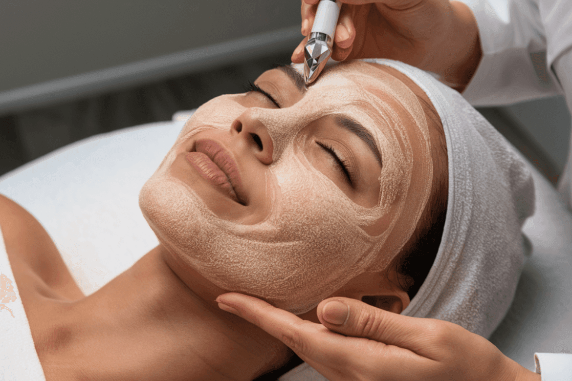 a womans face, which is covered with a textured, possibly exfoliating or peeling mask.