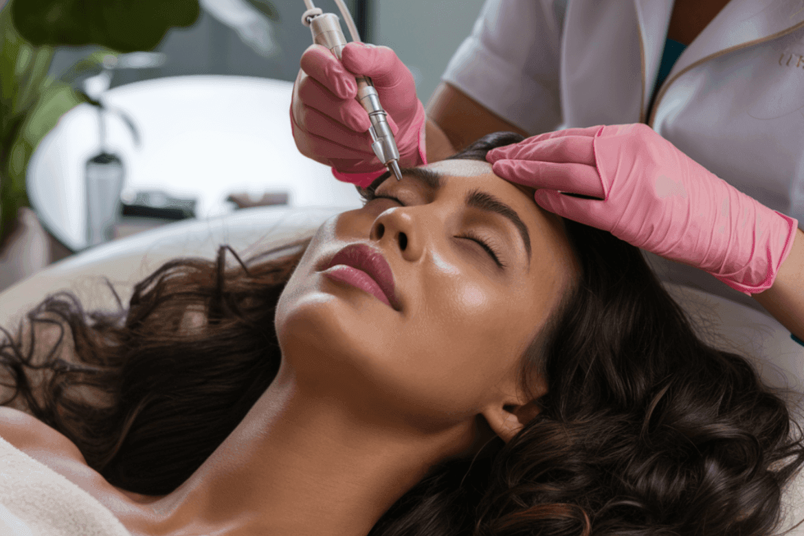 A woman receiving facial treatment, relaxed, with pink gloves visible.