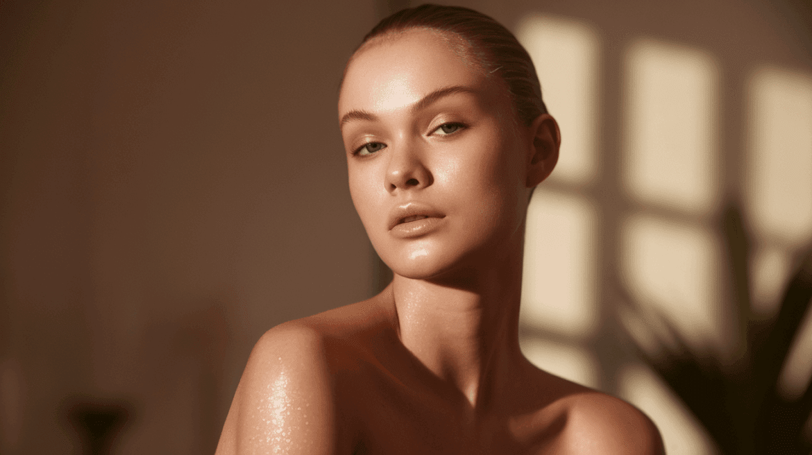 Soft light accentuates the smooth, glowing skin of the model, with subtle shadows adding depth