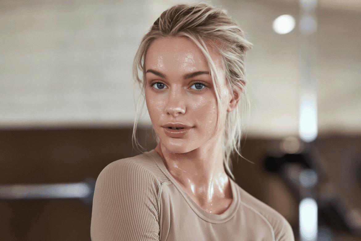 woman with blonde hair, wearing a sport beige top, and sweating from the gym.
