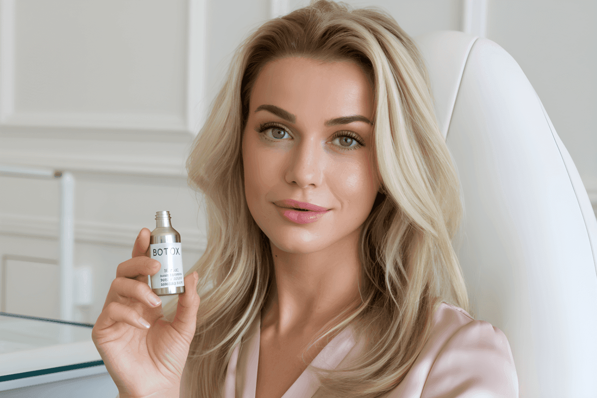 blonde woman with a beautiful, wrinkle-free face promoting a Botox treatment.