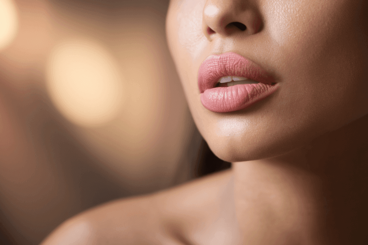 A close-up photo of a woman with big lips. She has a lip flip procedure and her natural lip color is visible.