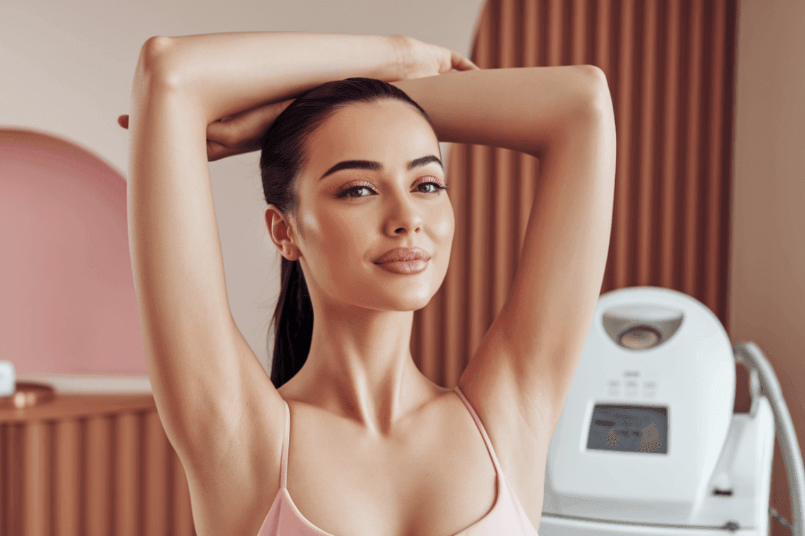 a woman with her arms raised, showing off her smooth, hair-free skin