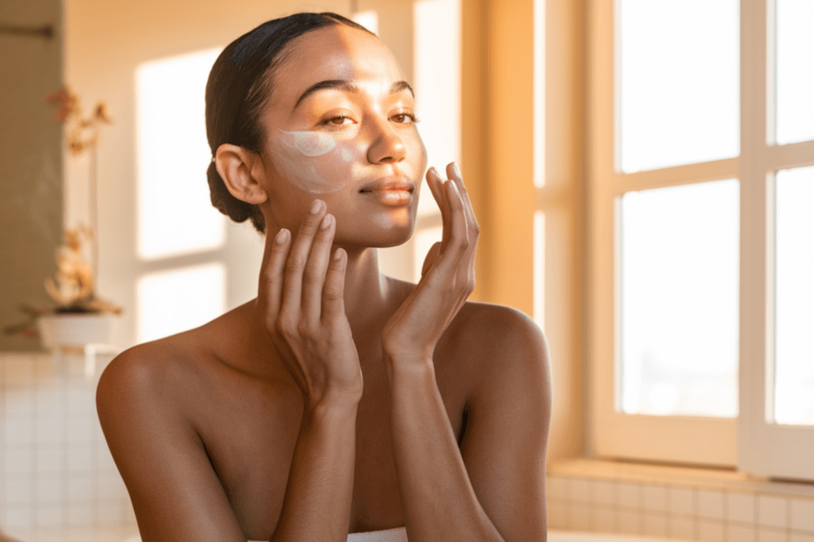woman gently applying cream to her skin in a warm, softly lit bathroom