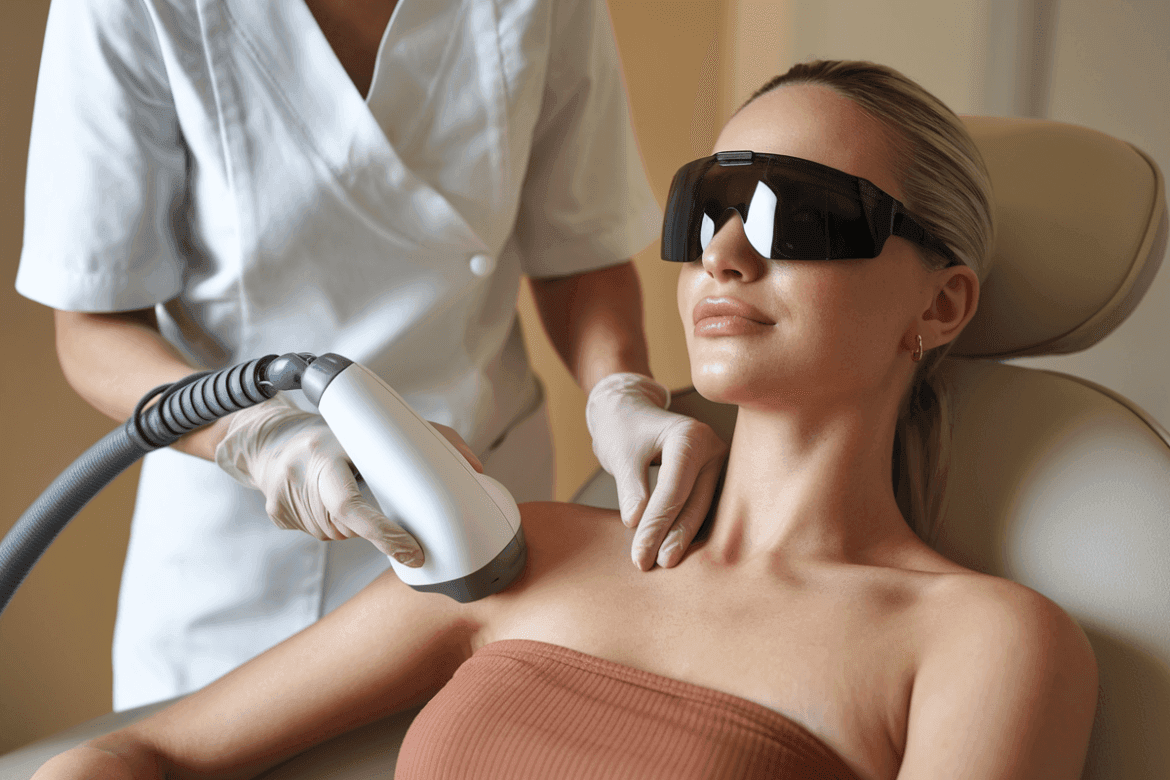 A photo of a woman undergoing laser hair removal treatment on her body. She is wearing protective eyewear.