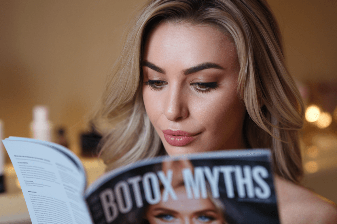 woman is reading a magazine with tittle '' botox myths''