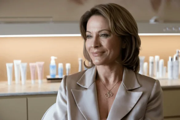 woman with brown hair smiling soft , wearing a cute modern blazer and a necklace. She is sitting in a facial procedures salon, waiting for a wrinkle therapy session.