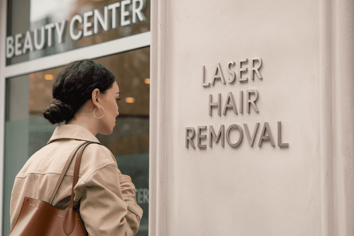 A photo of a woman with a beige jacket and a brown bag standing in front of a beauty center.