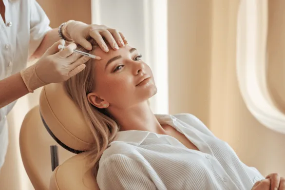 blonde woman reclining comfortably in a cosmetic salon. A skilled professional is administering injection into her face.