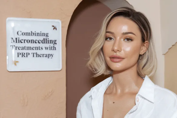 Glowing woman, microneedling and PRP sign.
