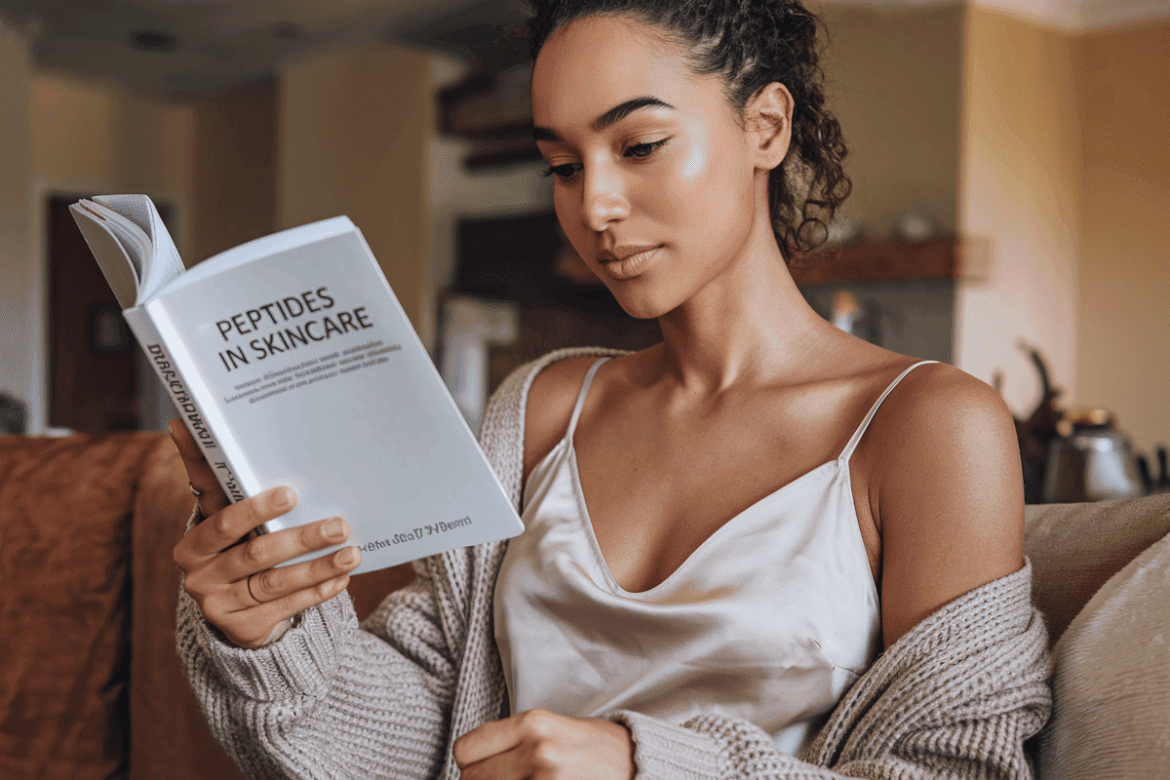 A woman is reading a book titled "Peptides in Skincare".
