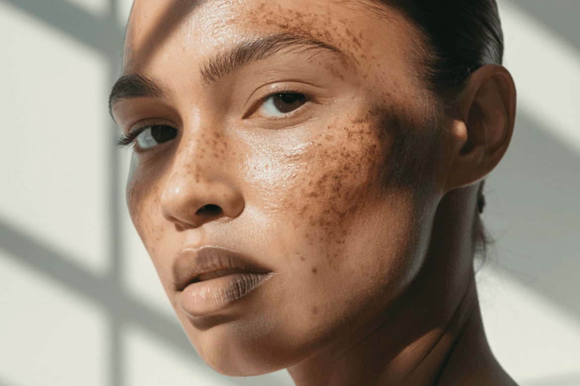 A close-up, high-resolution image of a woman's face with hyperpigmentation on a pristine white background.