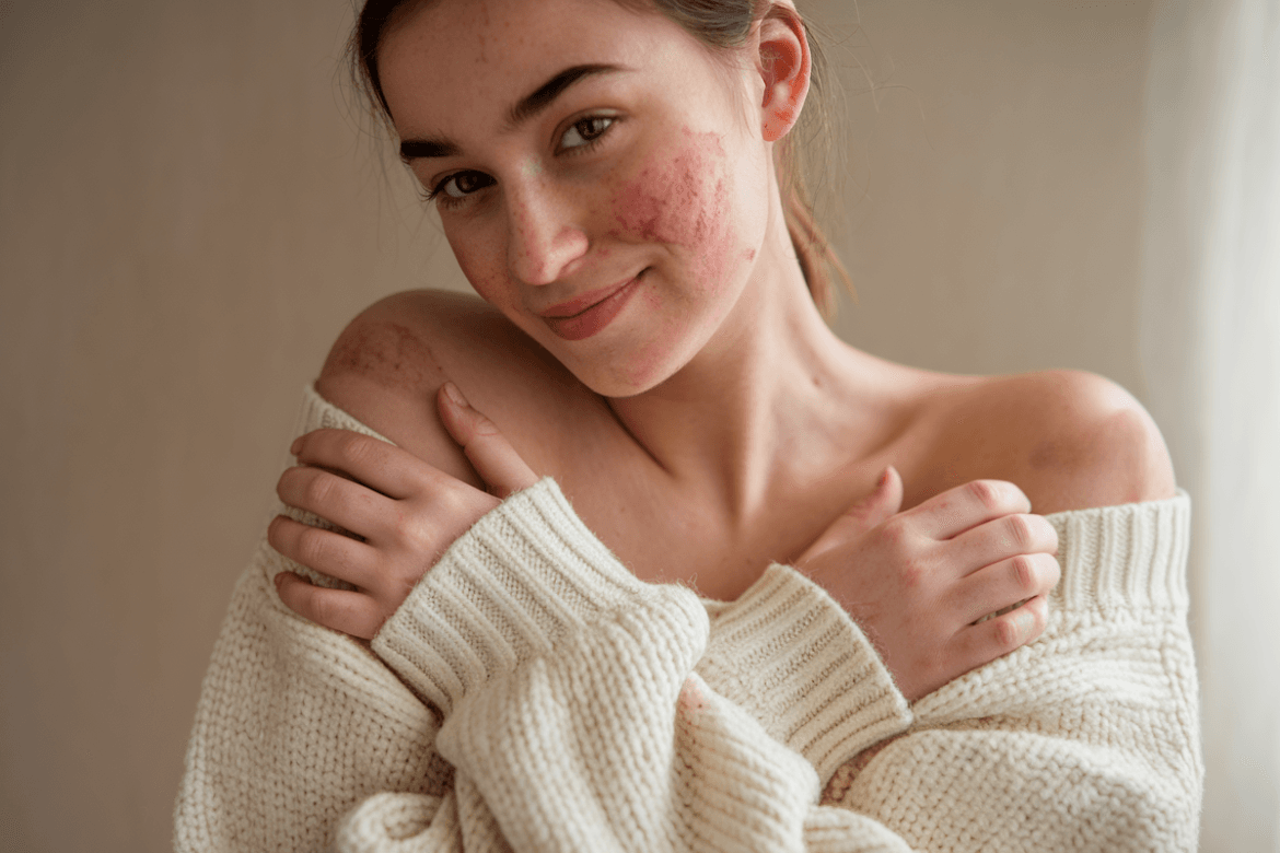 a woman embracing imperfections during challenging seasonal changes.