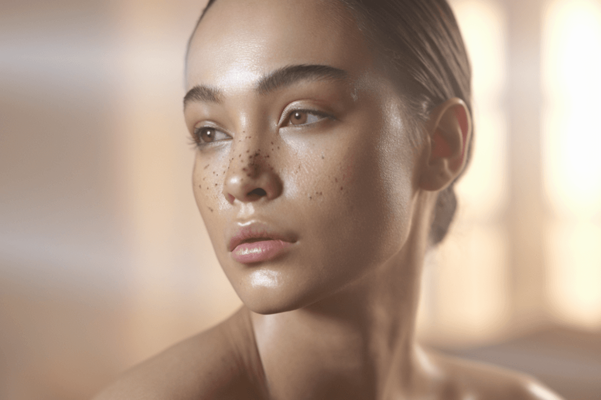 A close-up of a woman with glowing skin and freckles.