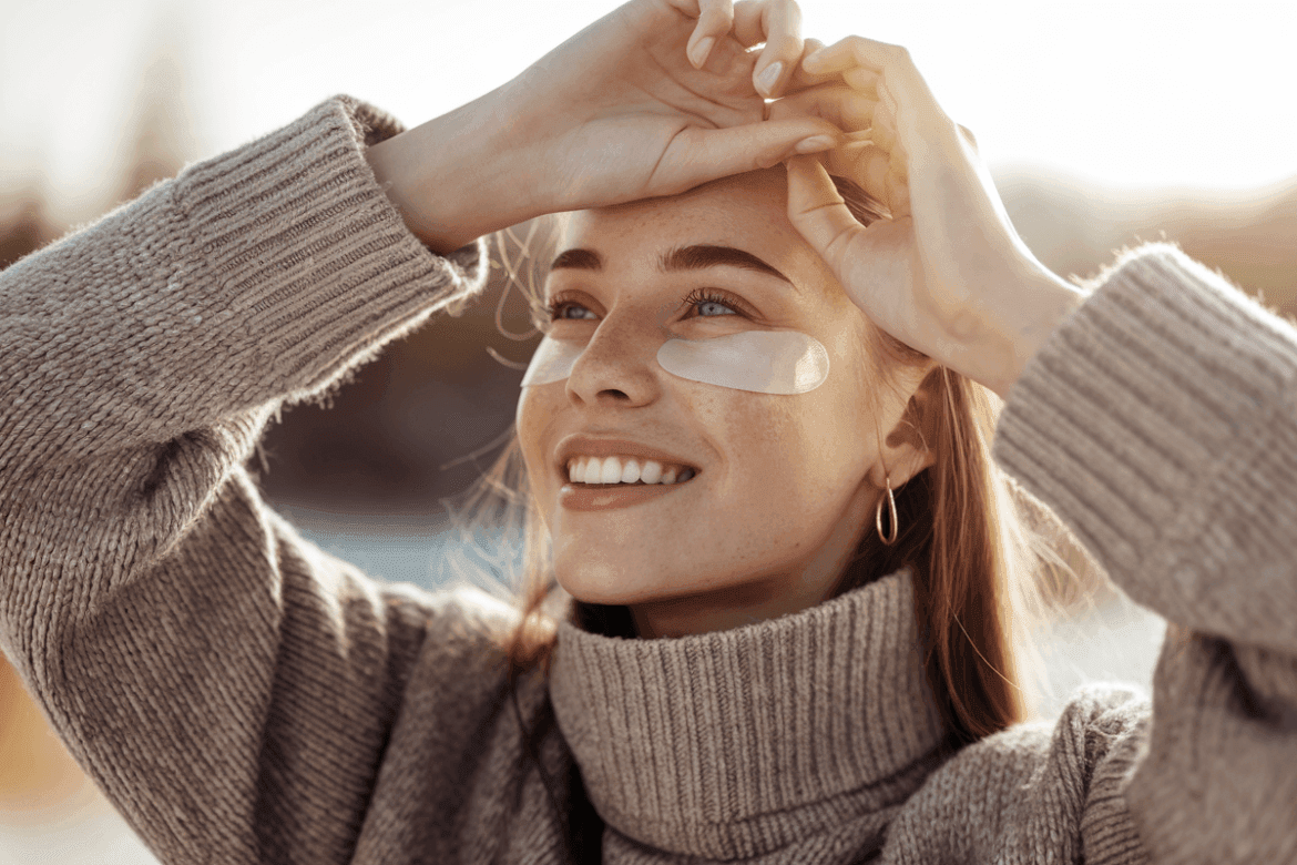 woman in winter weather wearing a sweeter with natural beauty wearing clear undereye gel collagen pads for fixing dark circles