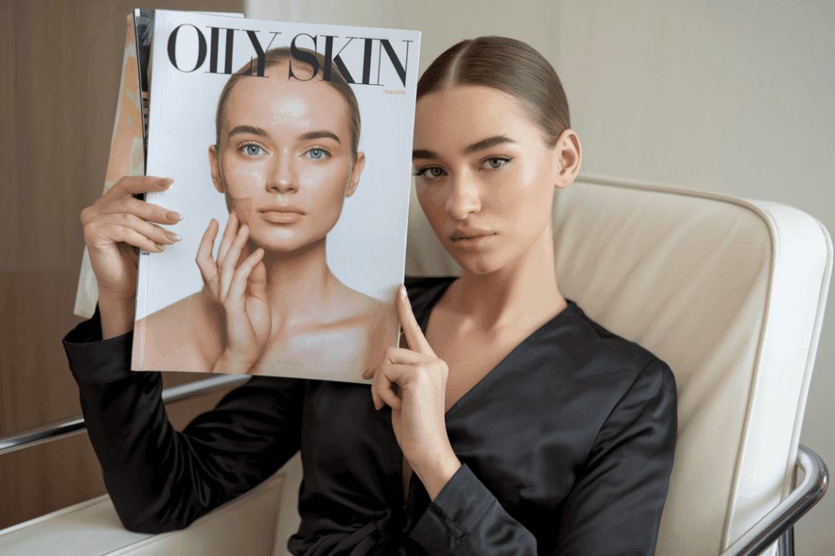 A woman in sleek attire holding a magazine titled "Oily Skin," aligning her face with the cover image.