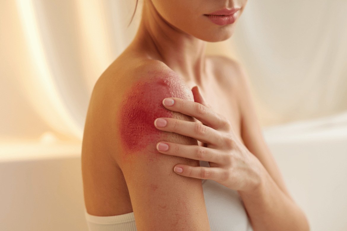 a woman with a focus on the upper part of her body, with an emphasis on the shoulder and hand.