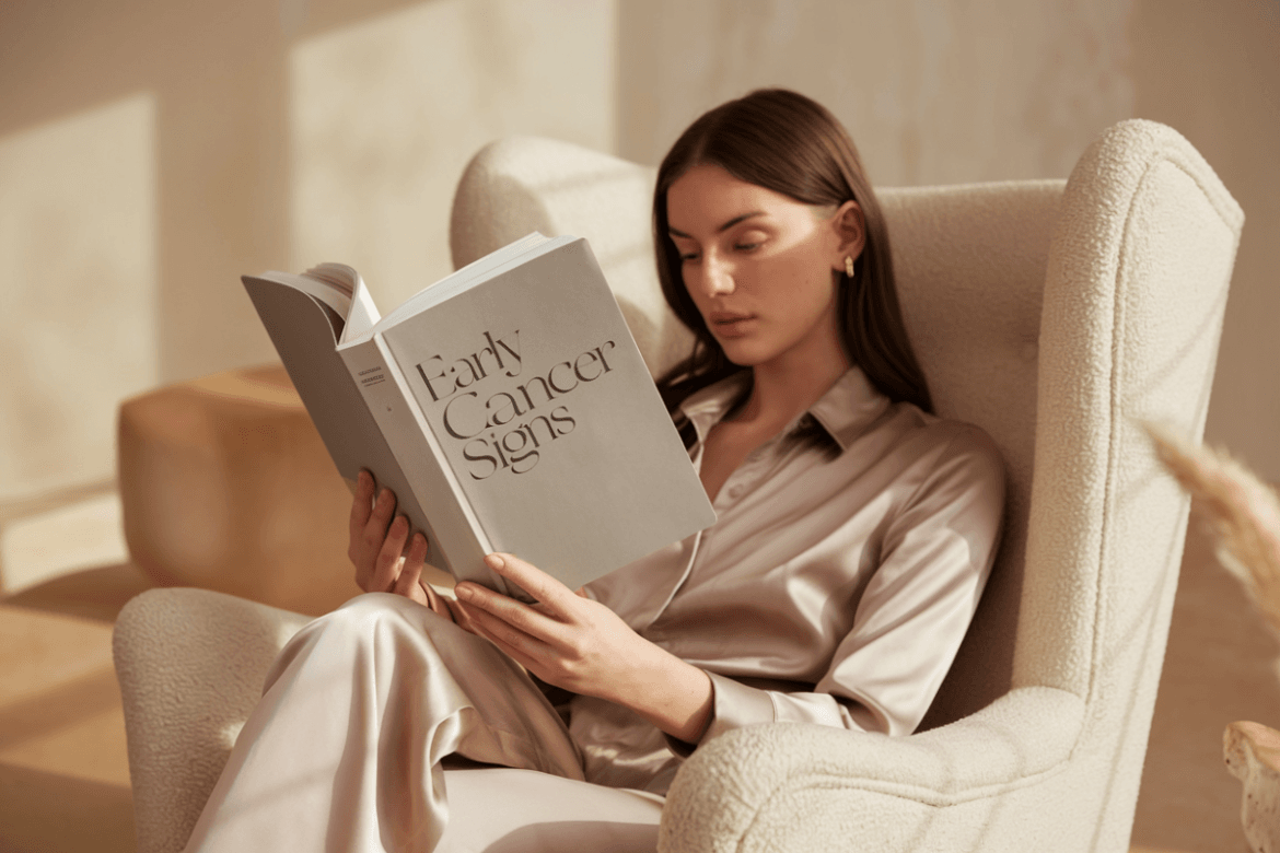 a woman reading a book for skin cancer signs