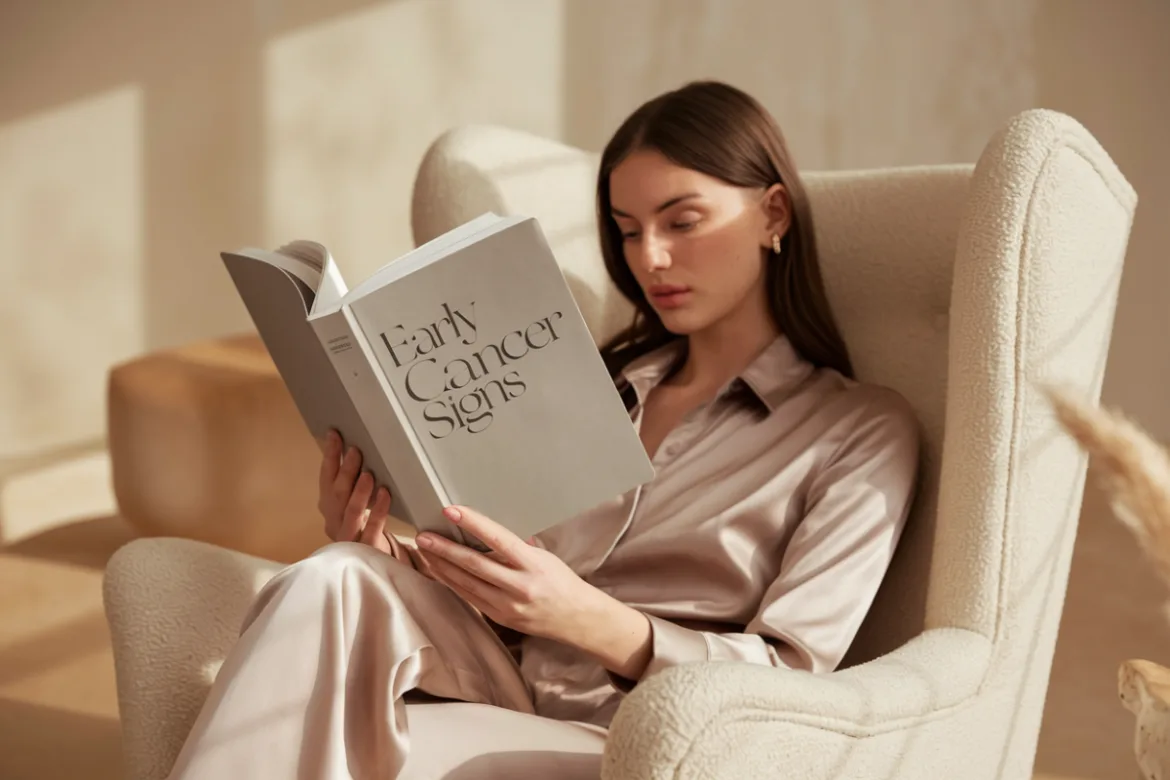 a woman reading a book for skin cancer signs